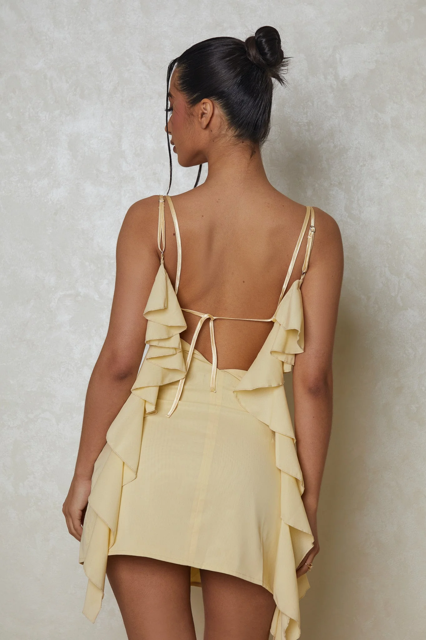 The Cowl Neck Ruffle Mini Dress in Yellow - Image 3