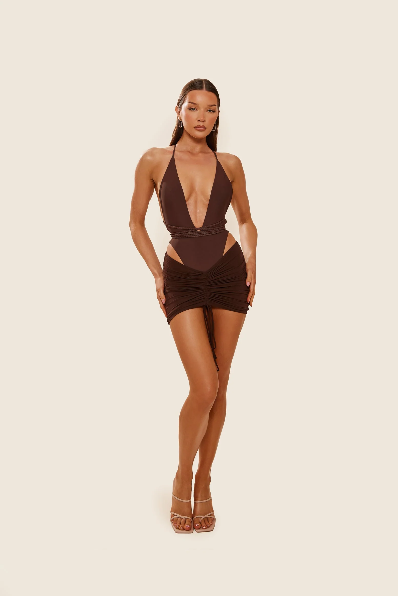 Mesh Ruched Coverup Skirt in Brown - Image 3