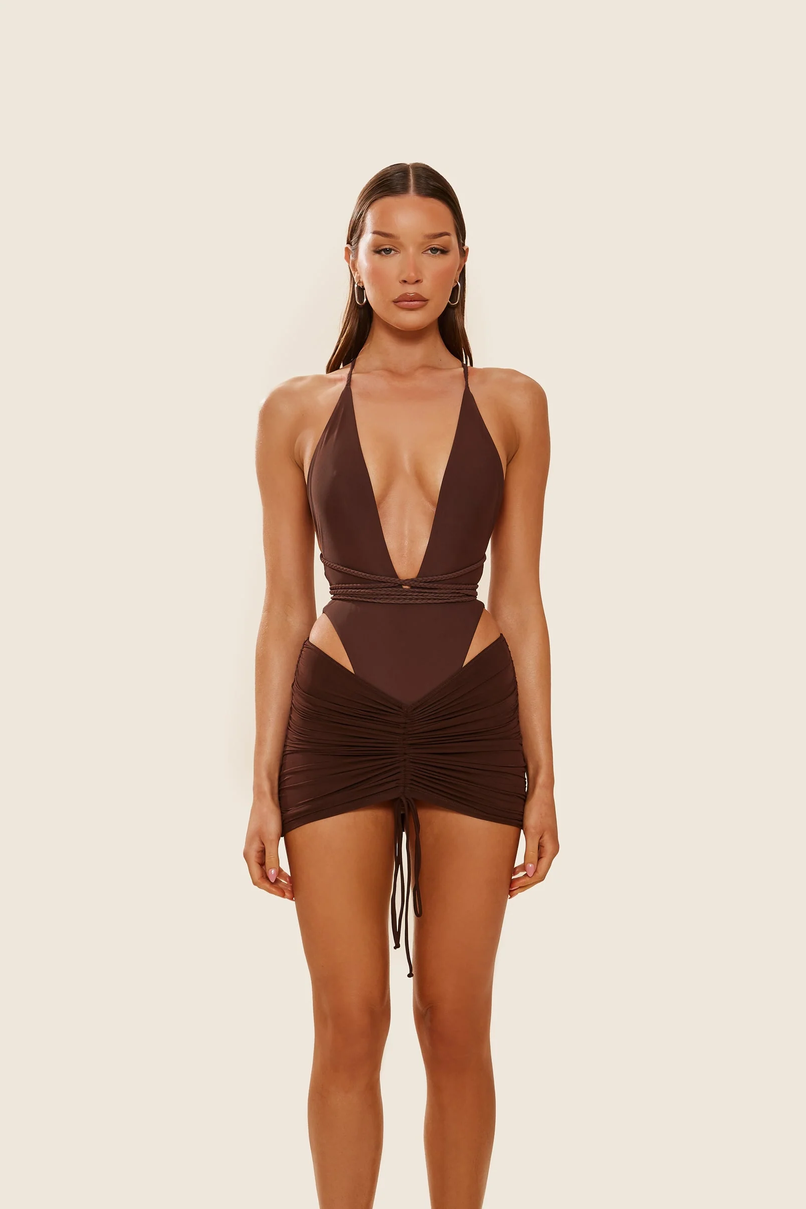 Mesh Ruched Coverup Skirt in Brown - Image 4
