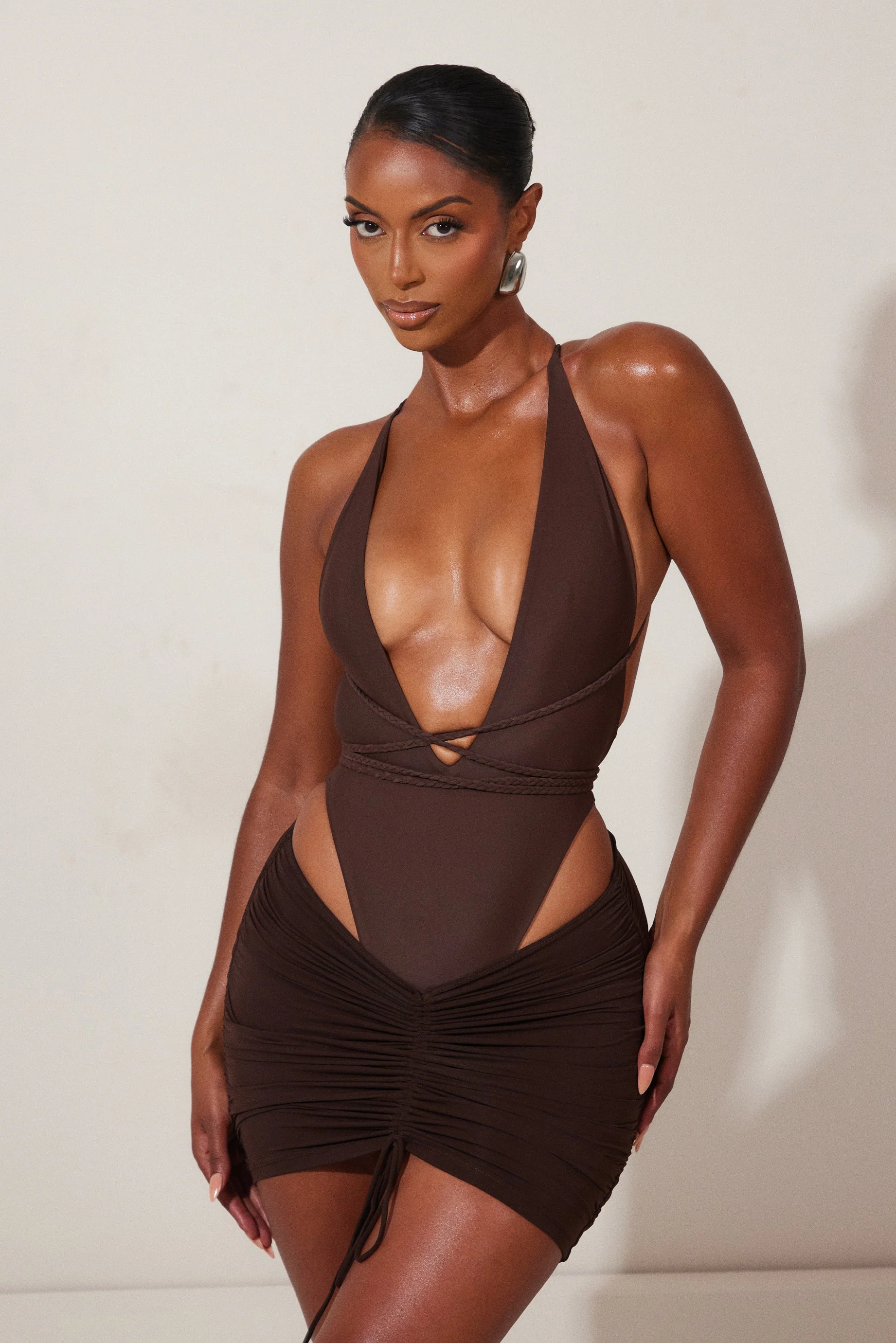 Mesh Ruched Coverup Skirt in Brown - Image 9