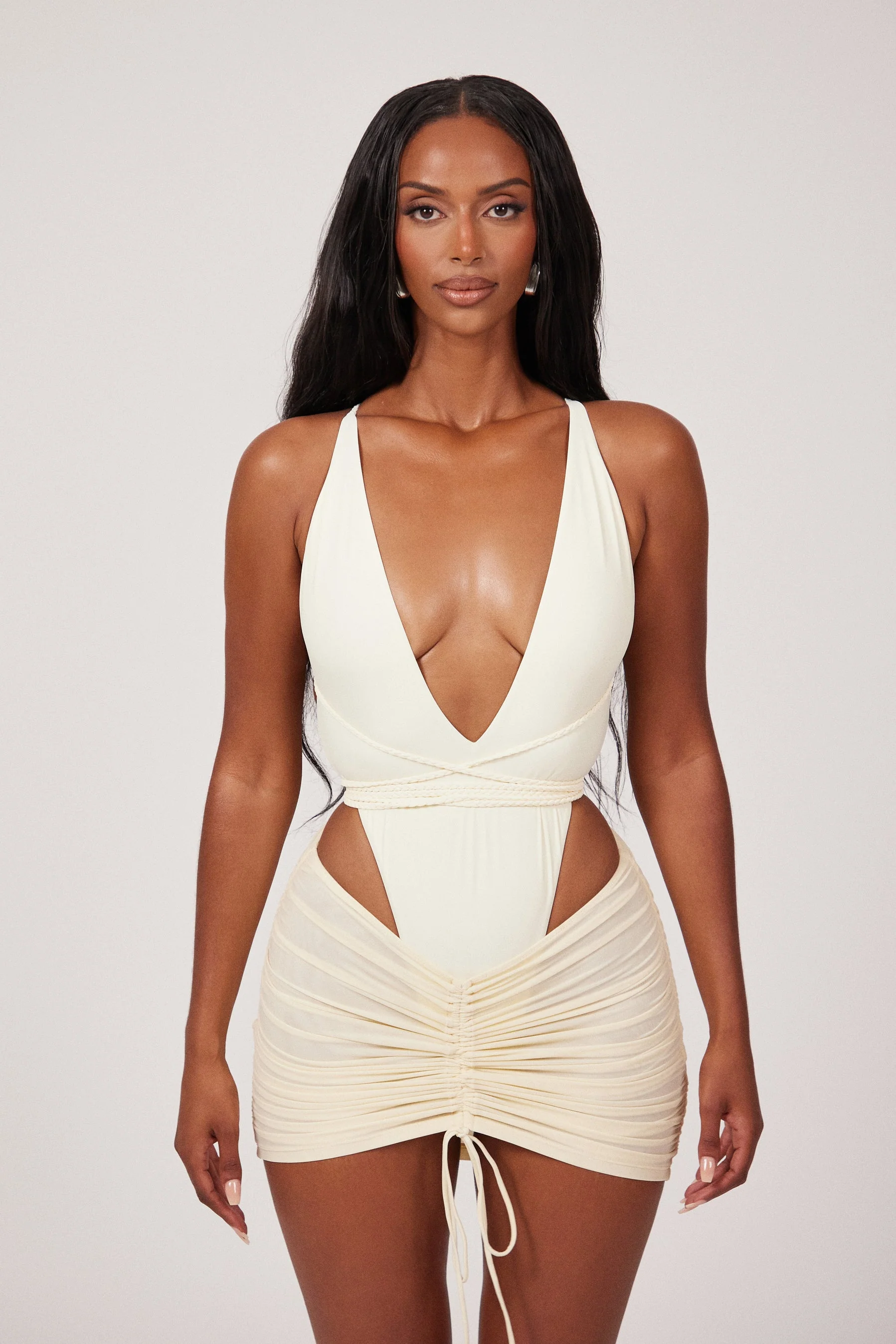 Mesh Ruched Coverup Skirt in Cream - Image 7
