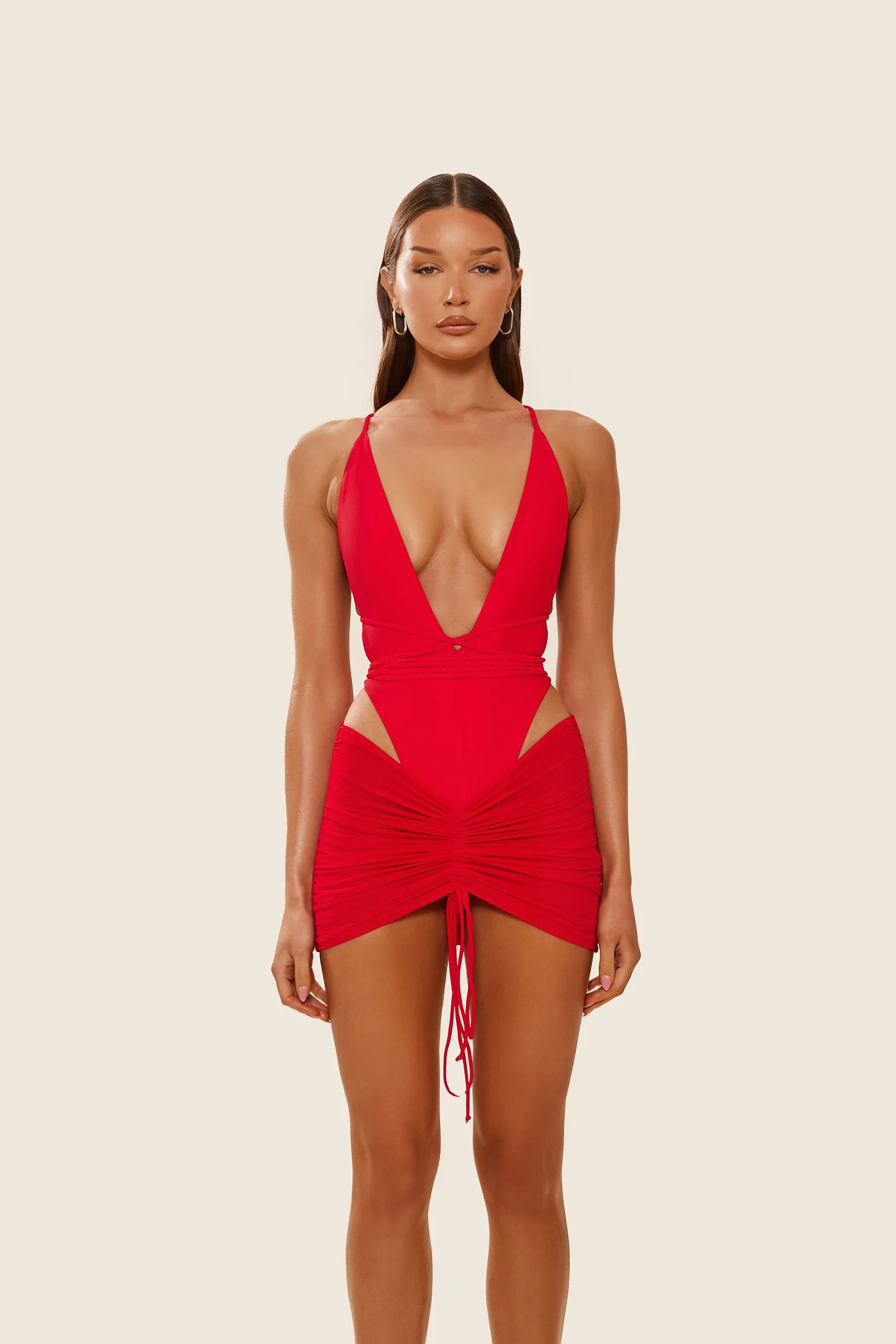 Mesh Ruched Coverup Skirt in Red - Image 3