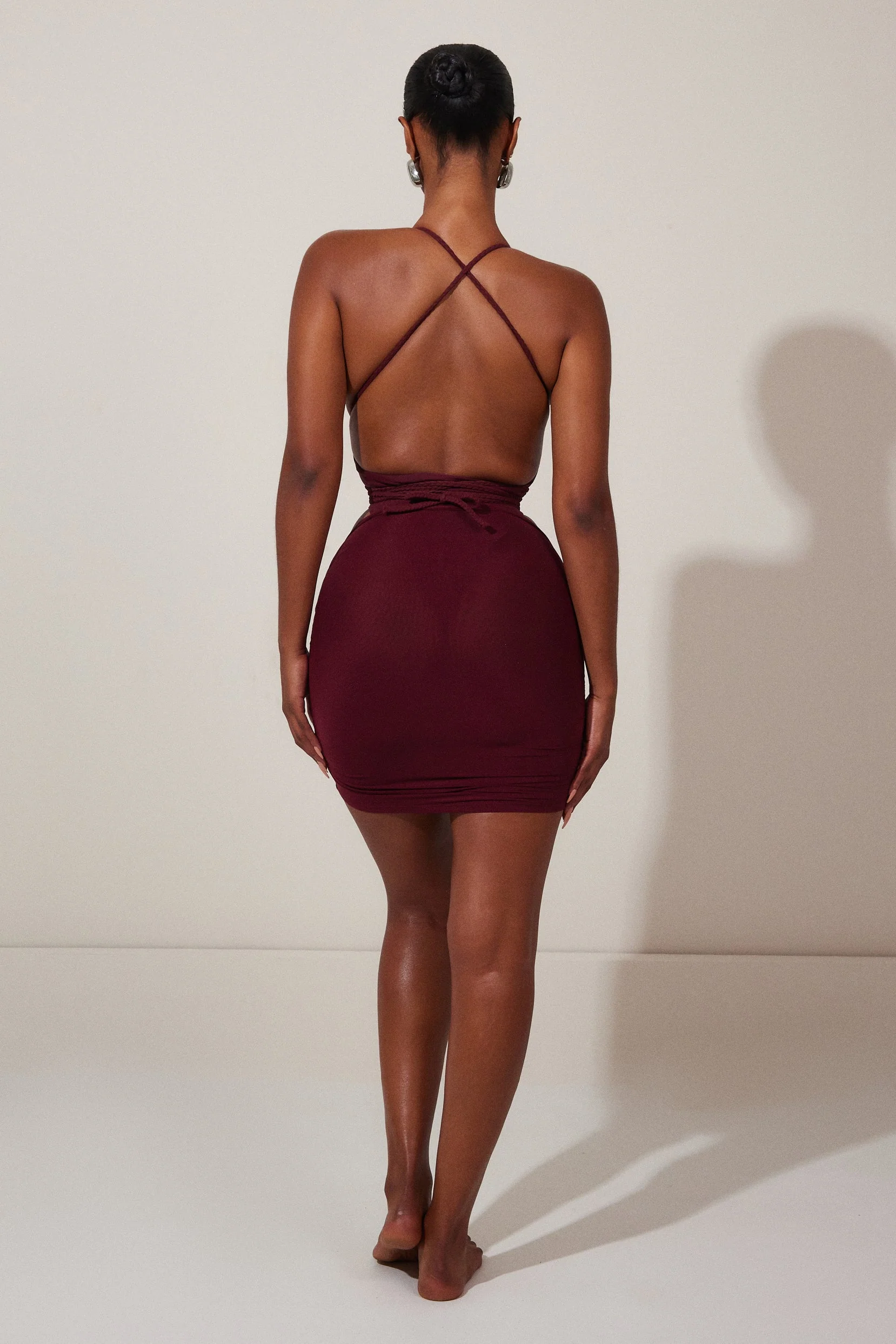 Mesh Ruched Coverup Skirt in Wine - Image 3