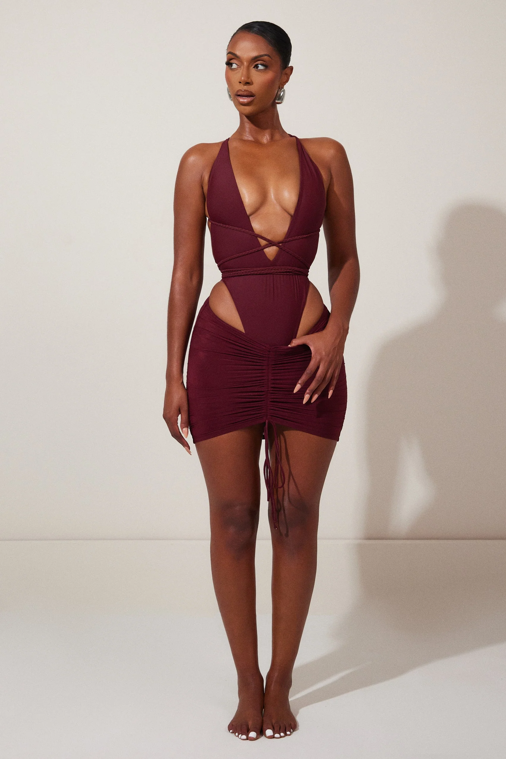 Mesh Ruched Coverup Skirt in Wine - Image 4