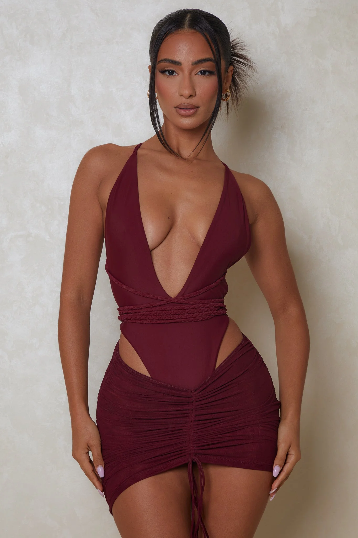 Mesh Ruched Coverup Skirt in Wine - Image 6