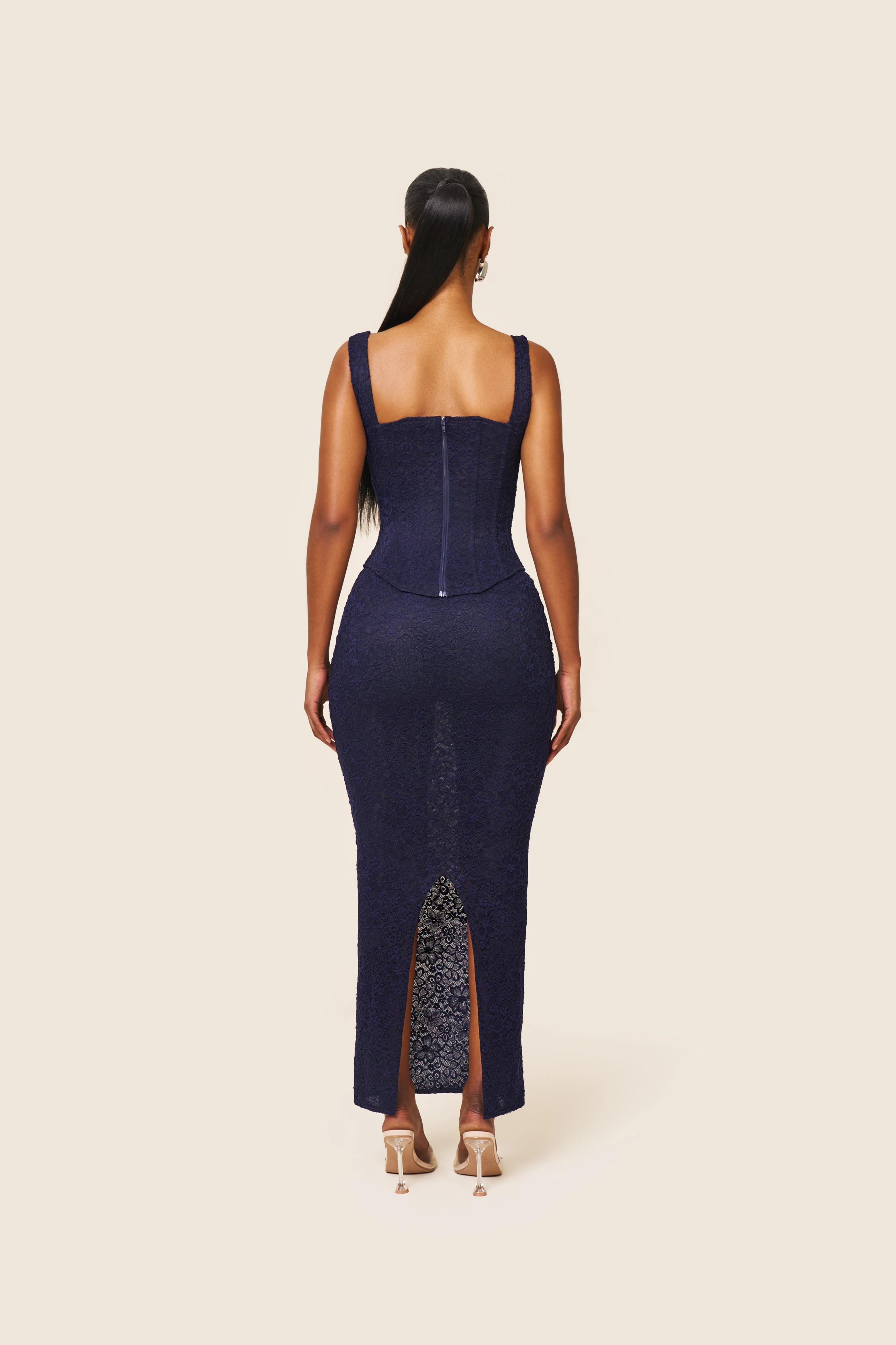 The Cinched Lace Maxi Skirt in Navy - Image 11