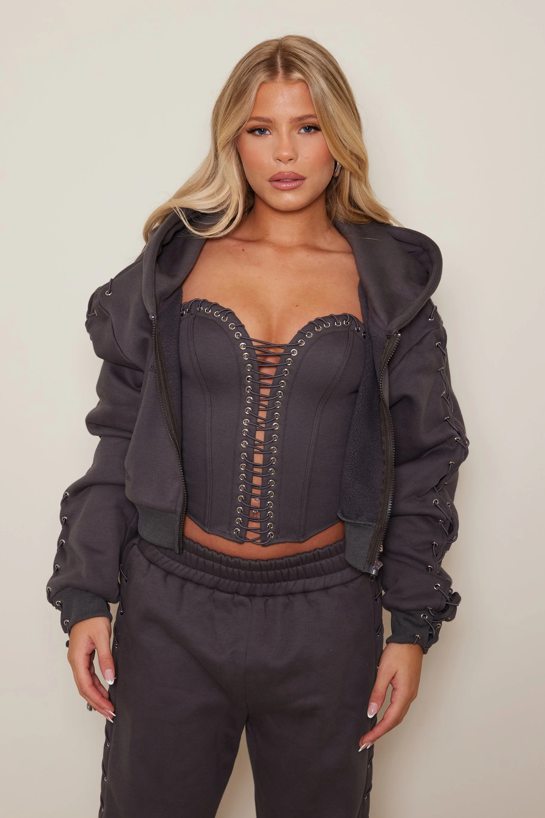 The Lace Trim Jersey Corset in Charcoal - Image 5