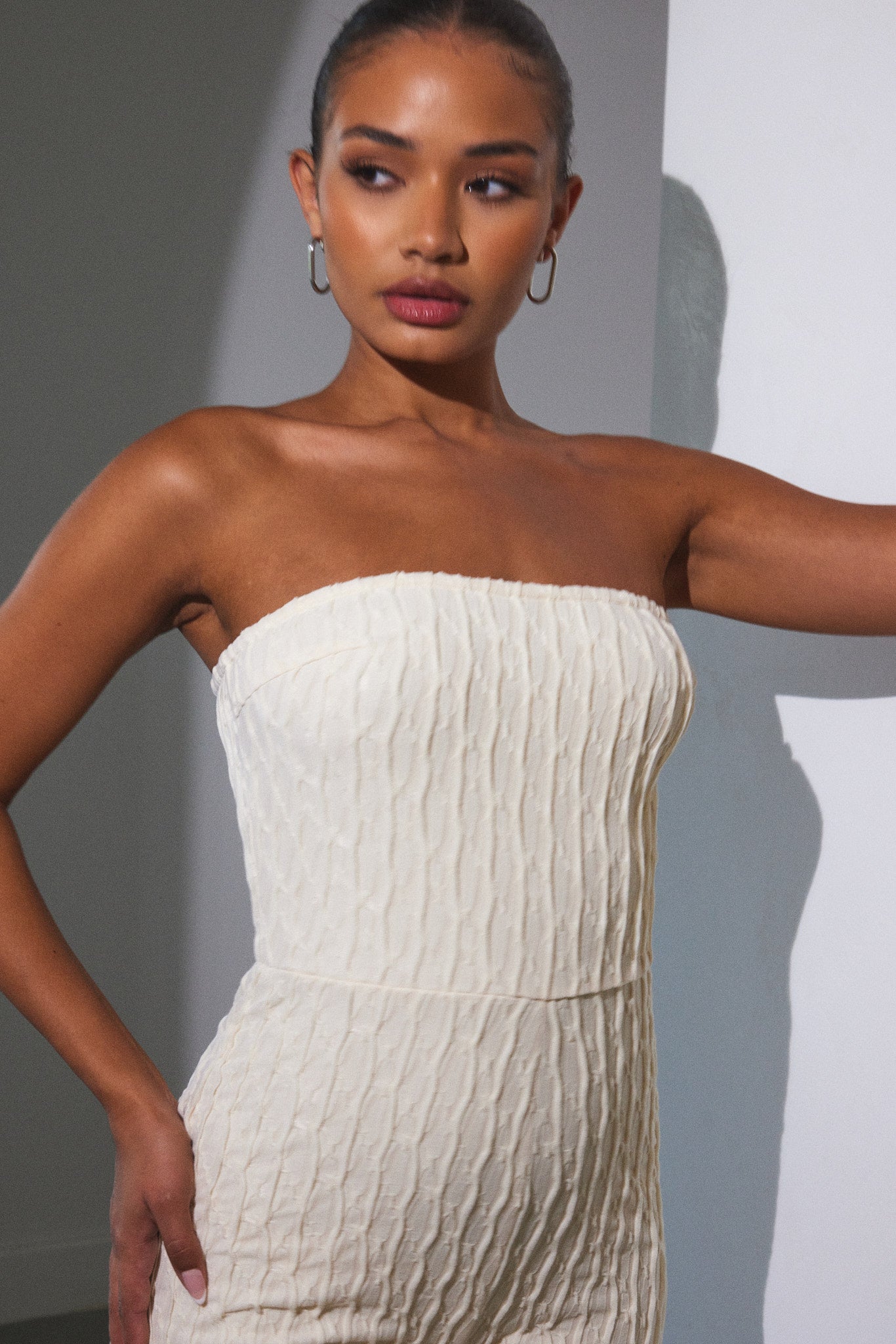 The Textured Bandeau Jumpsuit in Cream - Image 11