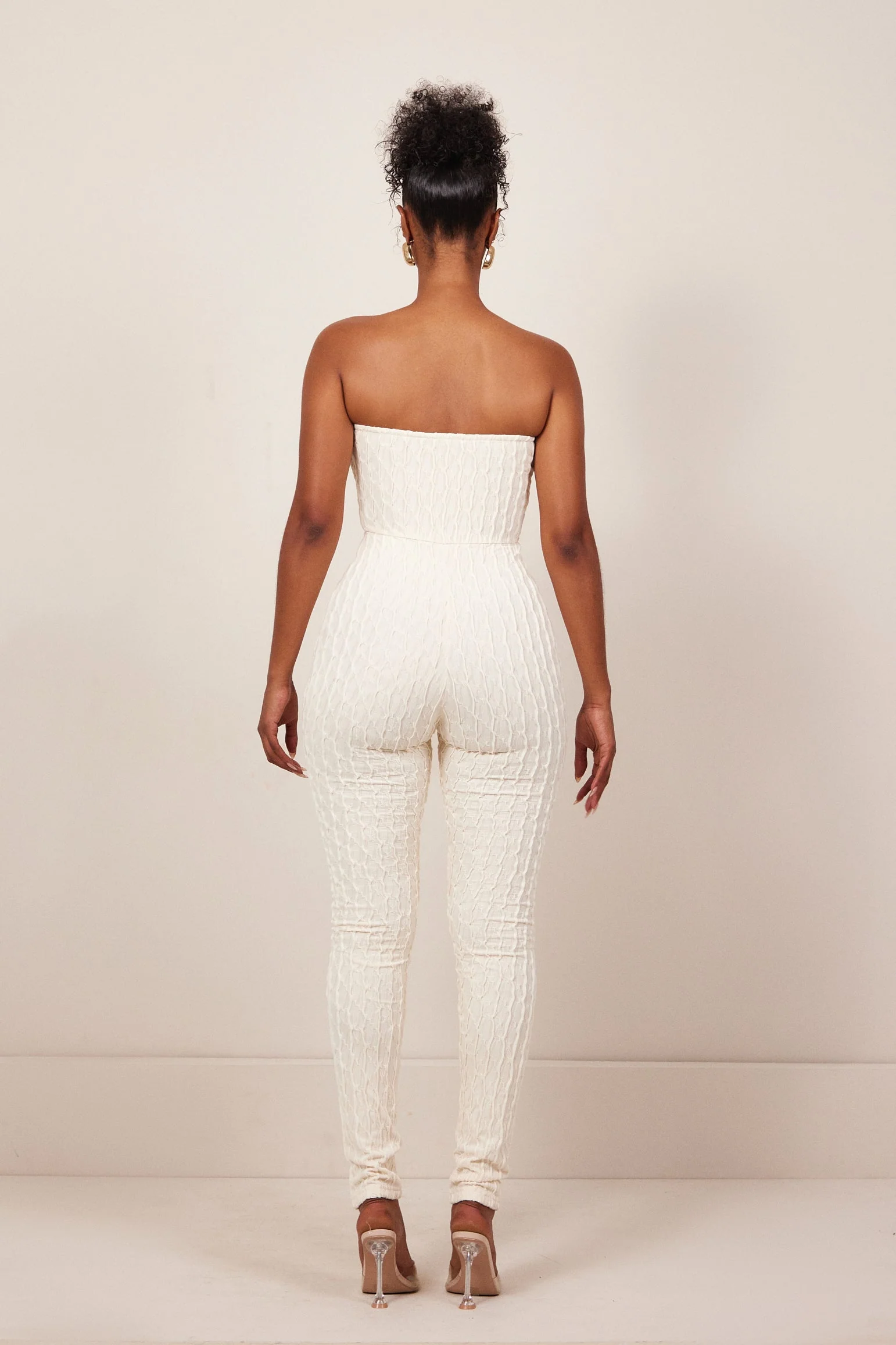 The Textured Bandeau Jumpsuit in Cream - Image 3