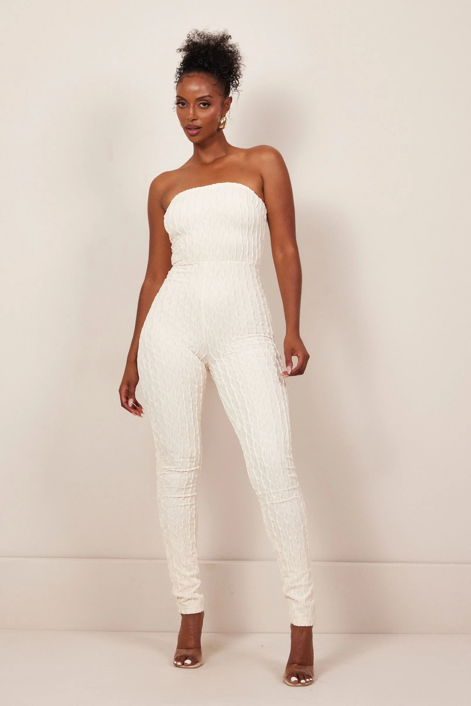 The Textured Bandeau Jumpsuit in Cream - Image 4
