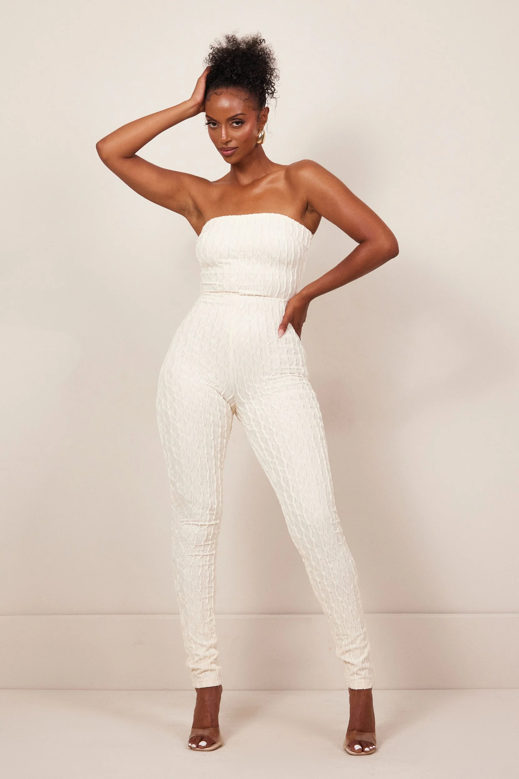 The Textured Bandeau Jumpsuit in Cream - Image 5