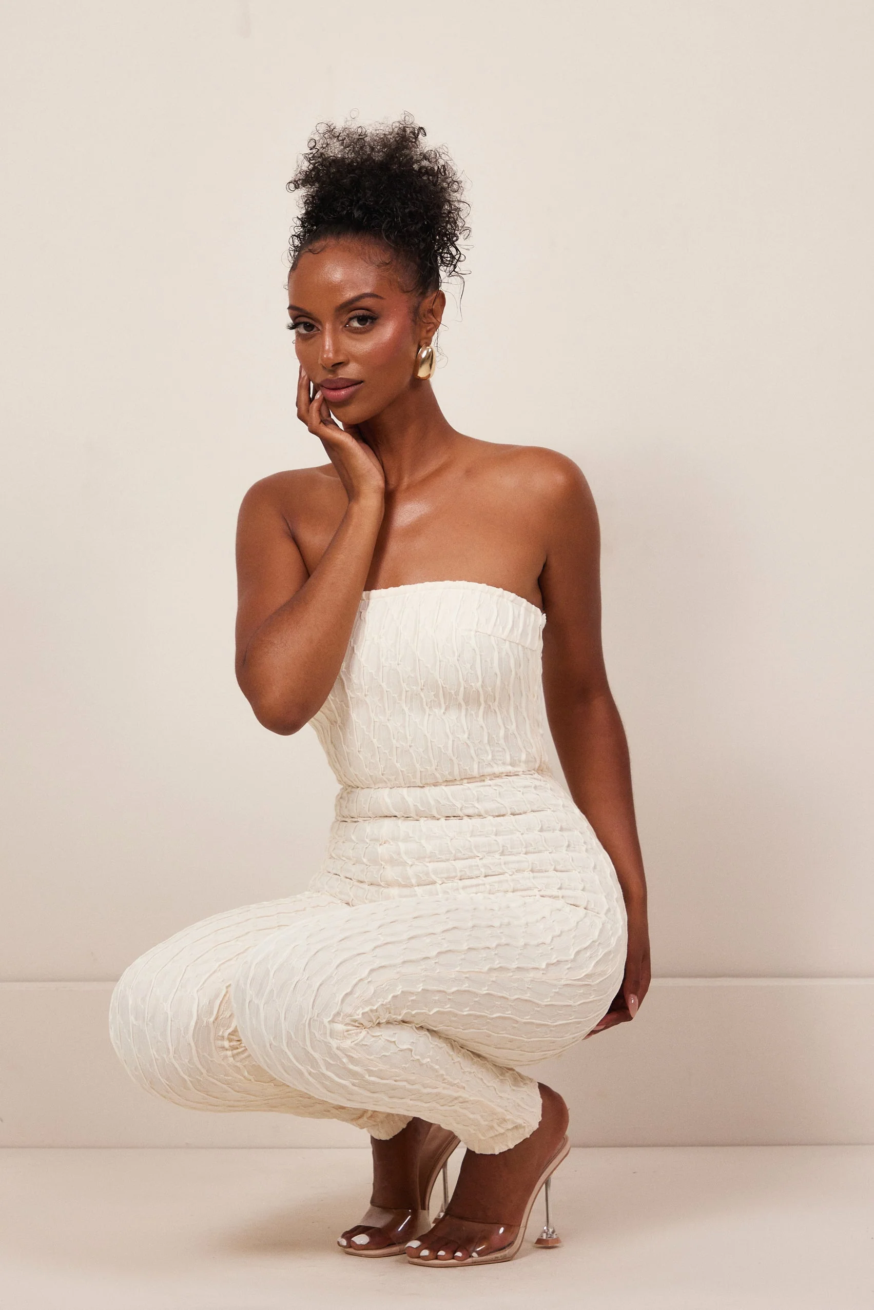 The Textured Bandeau Jumpsuit in Cream - Image 6