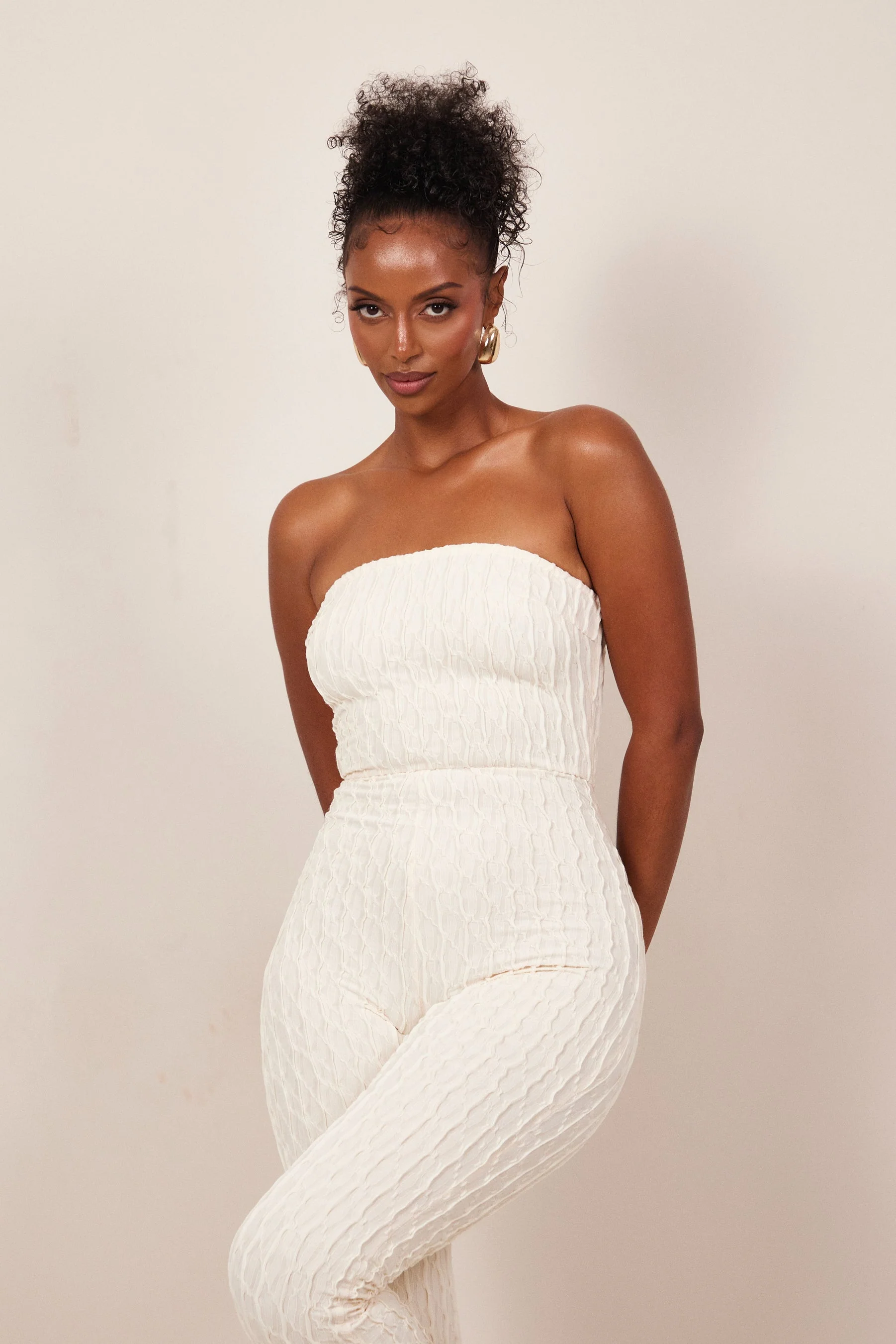 The Textured Bandeau Jumpsuit in Cream - Image 7