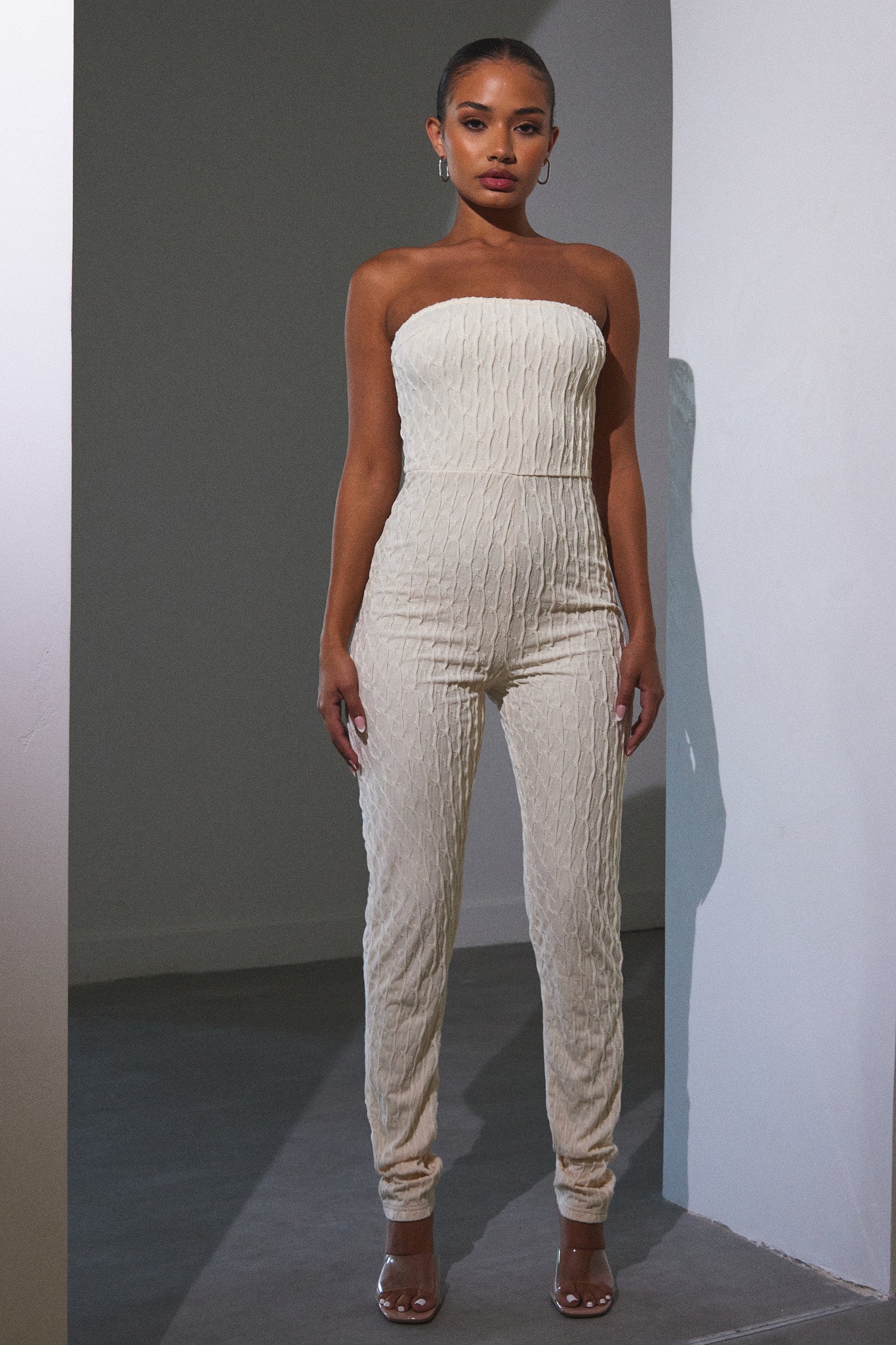 The Textured Bandeau Jumpsuit in Cream - Image 8