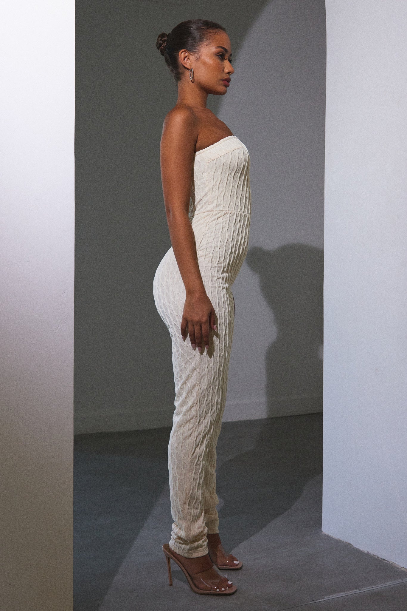 The Textured Bandeau Jumpsuit in Cream - Image 9