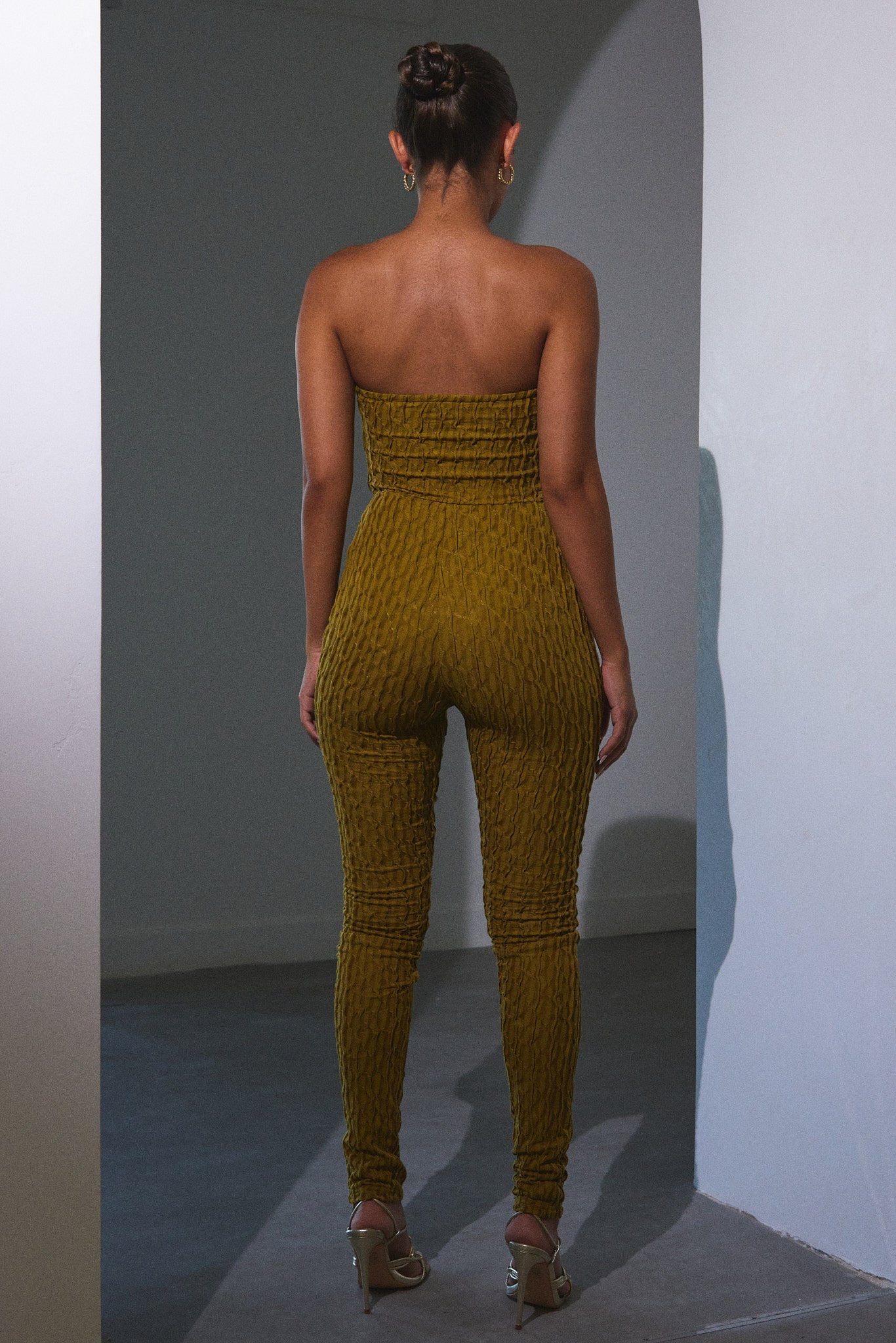 The Textured Bandeau Jumpsuit in Olive - Image 3