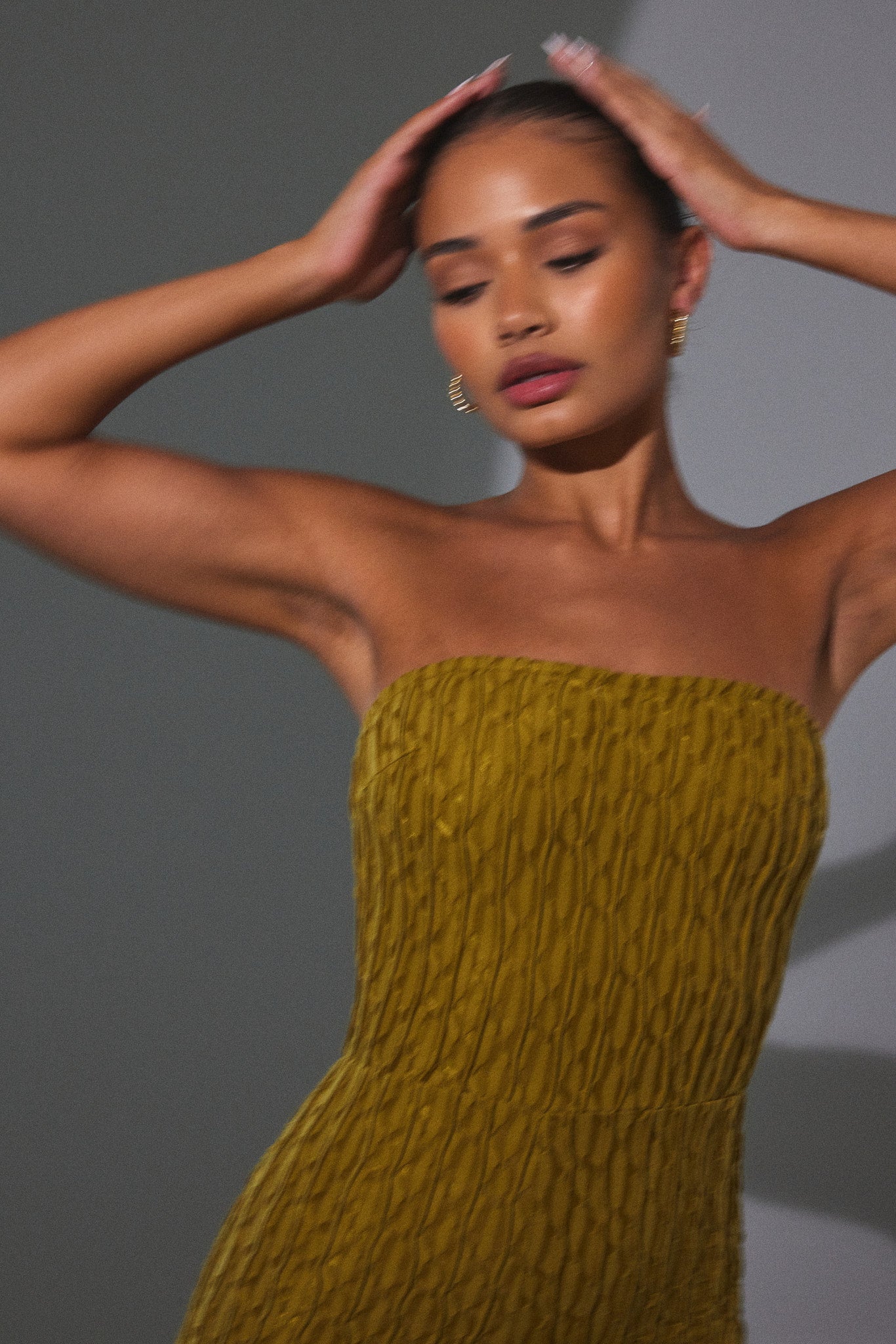 The Textured Bandeau Jumpsuit in Olive - Image 4